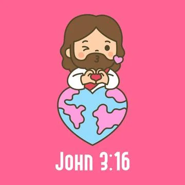 Cute chibi Jesus peeking behind heart shaped world globe making heart hand .. Stock Illustration