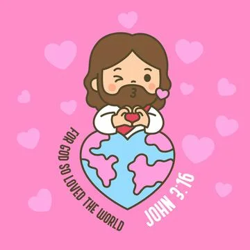 Cute chibi Jesus peeking behind heart world globe making heart hand gesture.. Stock Illustration
