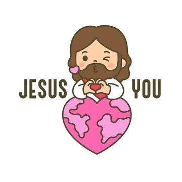 Cute chibi Jesus peeking behind heart shaped world globe making heart hand .. Stock Illustration