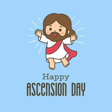 Cute chibi Jesus with rays of light and Happy Ascension Day text on light b.. Ilustración de archivo