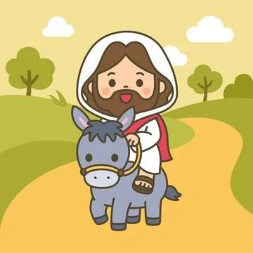 Cute chibi Jesus riding donkey on path through golden green landscape with .. Stock Illustration