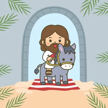 Cute chibi Jesus riding donkey through stone arch gate with red white carpe.. Stock Illustration