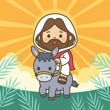 Cute chibi Jesus riding donkey with golden sunray background and palm leave.. Stock Illustration