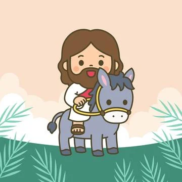 Cute chibi Jesus riding donkey on green hill with palm leaves on soft peach.. Stock Illustration