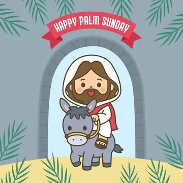 Cute chibi Jesus riding donkey through stone arch with Happy Palm Sunday re.. Stock Illustration