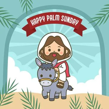 Cute chibi Jesus riding donkey with Happy Palm Sunday red banner on teal sk.. Stock Illustration