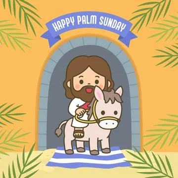 Cute chibi Jesus riding donkey through arch gate with Happy Palm Sunday blu.. Stock Illustration
