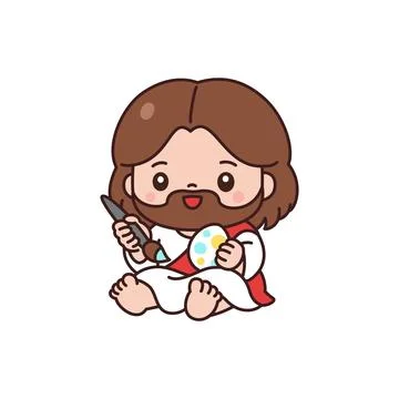 Cute chibi Jesus sitting and painting colorful Easter egg with brush cartoon Stock Illustration