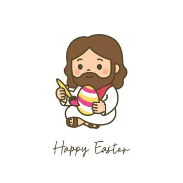 Cute chibi Jesus sitting and holding Easter egg with paintbrush and Happy E.. Stock Illustration