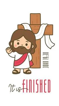 Cute chibi Jesus standing beside wooden cross with It is Finished John 19 3.. Stock Illustration