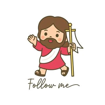 Cute chibi Jesus walking with flag and Follow Me text on white background C.. Stock Illustration