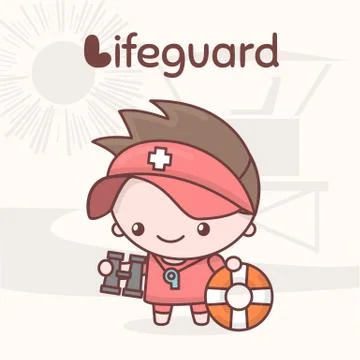 Cute chibi kawaii characters. Alphabet professions. Letter L - Lifeguard Stock Illustration