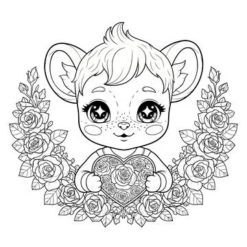 Cute Chibi Mouse Holding Rose Heart, Outline Coloring Page Illustrazione stock