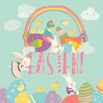 Cute chick and bunny with Easter eggs Stock Illustration