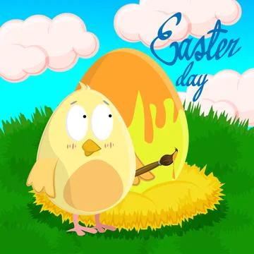 Cute chick coloring an egg on a green meadow Stock Illustration