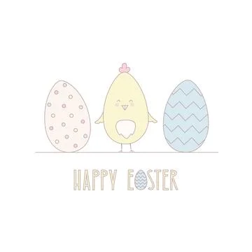 Cute chick, Easter eggs vector illustration. Simple line character with greeting Illustrazione stock