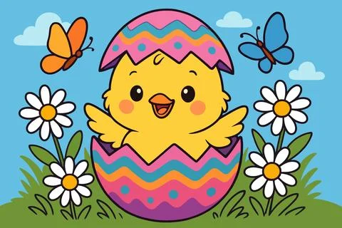 Cute chick hatches from easter egg in spring meadow 스톡 일러스트