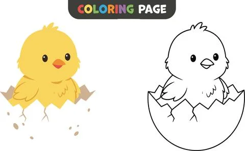 Cute Chick Hatching from Eggshell Coloring Page for Kids. Stock Illustration
