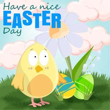 Cute chick hiding eggs under a flower for easter Stock Illustration