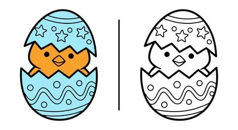 Cute chick inside decorated Easter egg coloring page fun kids illustration Stock Illustration