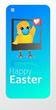 Cute chick in mask using mobile app happy easter spring holiday celebration Illustrazione stock