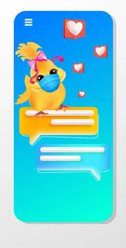 Cute chick in mask using mobile app happy easter spring holiday celebration Illustrazione stock