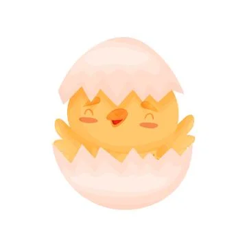 Cute chick sits in the shell. Vector illustration on white background. Illustrazione stock