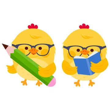 Cute chick students reading and writing. Vector illustration Stock Illustration