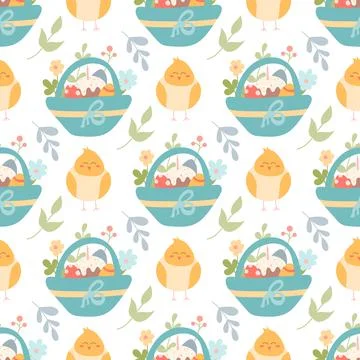 Cute chicken and a basket with Easter eggs and cakes, plants and flowers. Stock Illustration