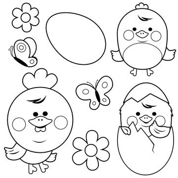 Cute chicken and eggs. Vector black and white coloring page. Stock Illustration
