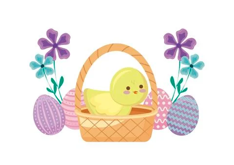 Cute chicken in basket wicker with eggs of easter and flowers Stock Illustration