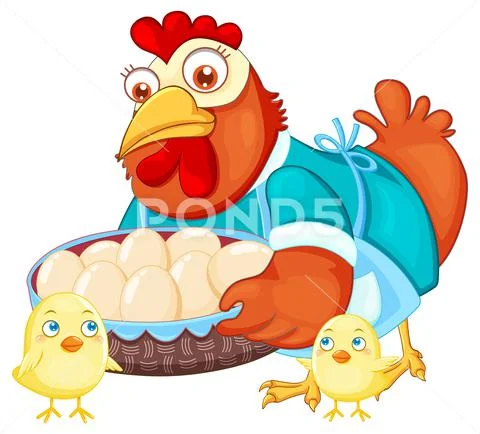 Cute chicken cartoon character holding a basket of egg: Graphic #185914925