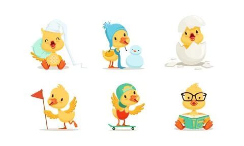 Cute Chicken Character Different Activities Set, Adorable Little Bird Making Stock Illustration