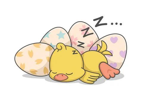 Cute Chicken Chick Sleeping By Easter Eggs Stock Illustration