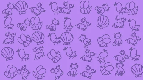 Cute chicken doodle pattern background purple Stockbeeldmateriaal 329848526