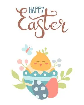 Cute chicken in an Easter egg with plants and insects. Vector image, postcard Stock Illustration