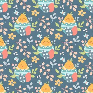 Cute chicken in an Easter egg with plants, flowers and a sprig of willow. Illustrazione stock