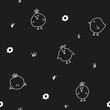 Cute chicken Seamless Pattern, Cartoon Doodle chickens Background vector Il.. Illustrazione stock