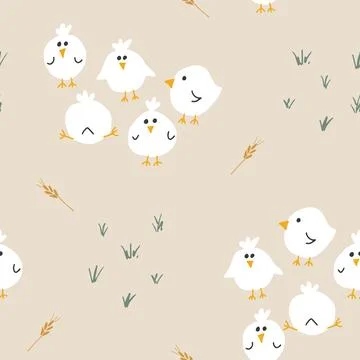 Cute chicken Seamless Pattern, Cartoon Doodle chickens Background vector Il.. Stock Illustration