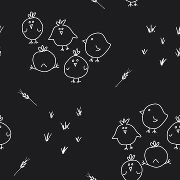 Cute chicken Seamless Pattern, Cartoon Doodle chickens Background vector Il.. Illustrazione stock