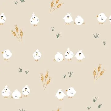 Cute chicken Seamless Pattern, Cartoon Doodle chickens Background vector Il.. Stock Illustration