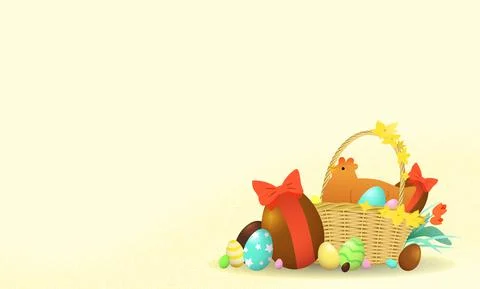 Cute chicken in a wicker basket with easter eggs Stock Illustration