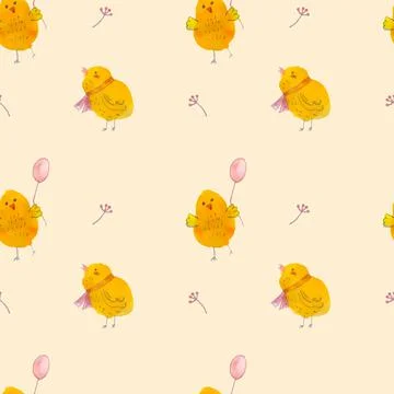 Cute chickens with a flower on a yellow background. Stock Illustration