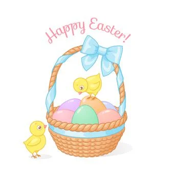 Cute chicks with basket full of Easter eggs. Cartoon vector illustration. Stock Illustration