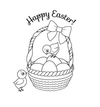 Cute chicks with basket full of Easter eggs. Vector coloring page. Stock Illustration