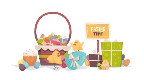 Cute chicks with decorated eggs basket and gifts happy easter spring holiday イラスト素材