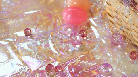 Cute chicks sit in an Easter basket with eggs. Medium shot Video stock 33835967