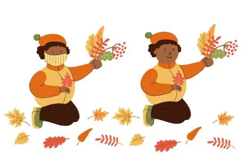 Cute child with and without protective face mask playing with autumn leaves. Stock Illustration