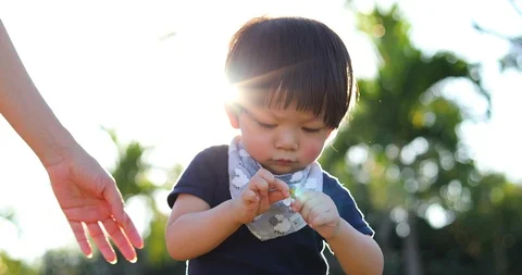 Cute child boy playing in the park with mother care protection Stock Footage 86787745