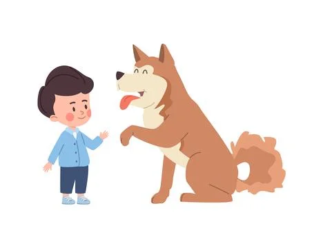 Cute child boy teaching big dog give paw command flat style, vector illustration Stock Illustration